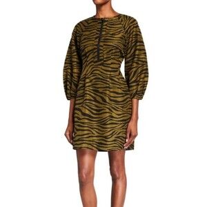 Veronica Beard Green Silk Cotton Blend Zebra Print Zip Dress Size 8